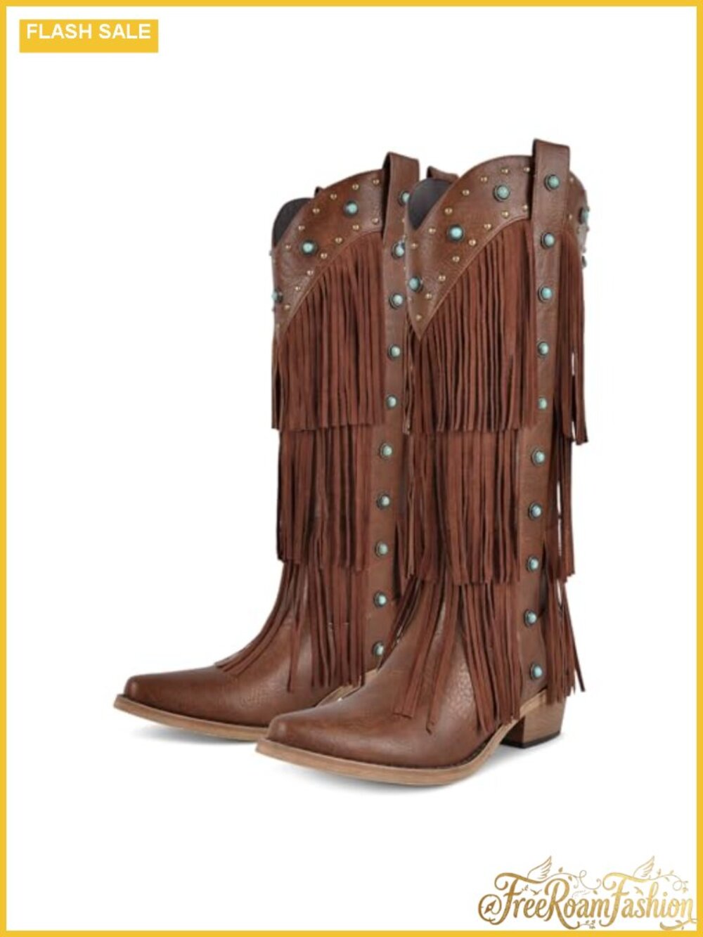 Fringe Western Cowboy Boots Tiered Tassel Knee High Turquoise Studs Pointed Toe